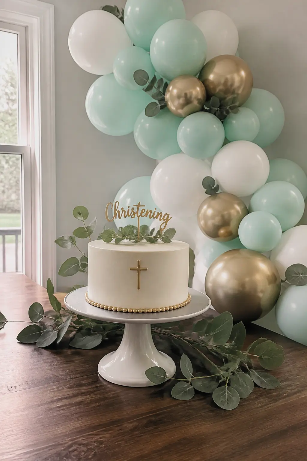 Mint, White and Gold Garland Behind a Christening Cake — Mint needs a clean anchor and white gives it one. Pastel balloon arch