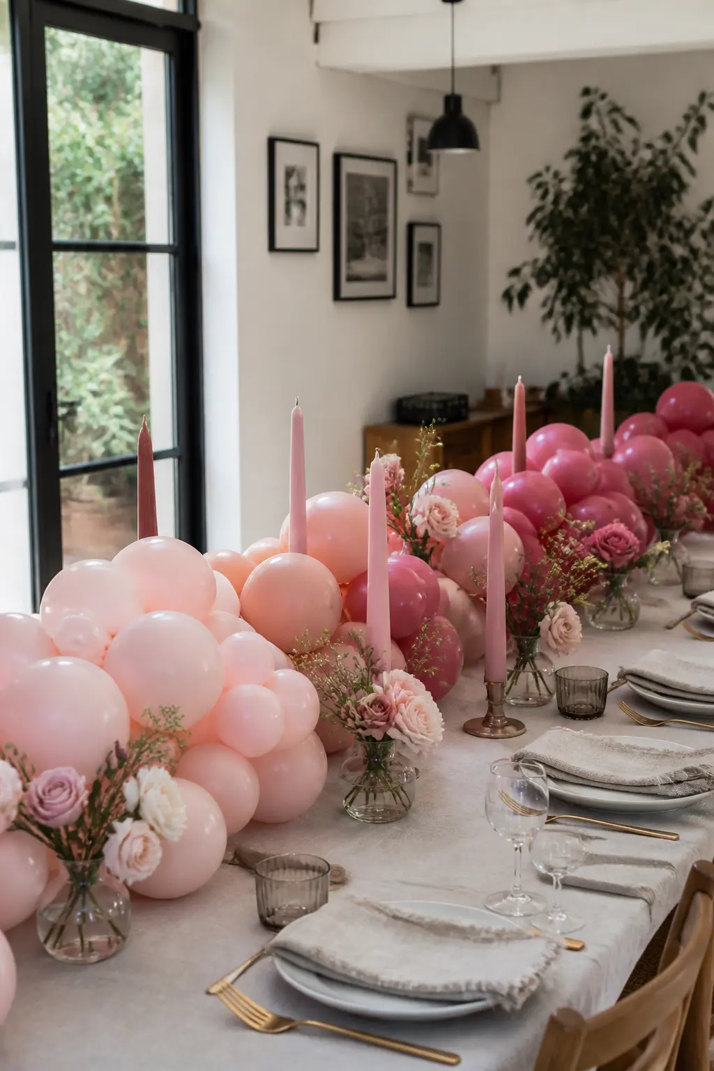 One Pastel in Three Depths, Blush to Rose, Along a Long Lunch Table — One colour in three tones, palest at one end and deepest at the other, is monochromatic