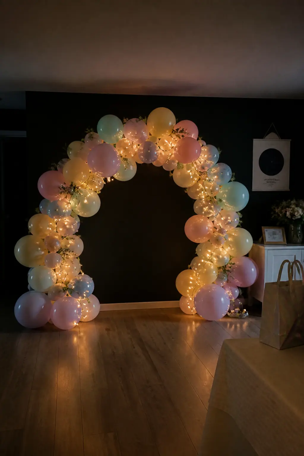 Pastel Arch with Fairy Lights Behind for an Evening Shower — Fairy lights behind a balloon arch warm the latex from behind and make every colour look slightly