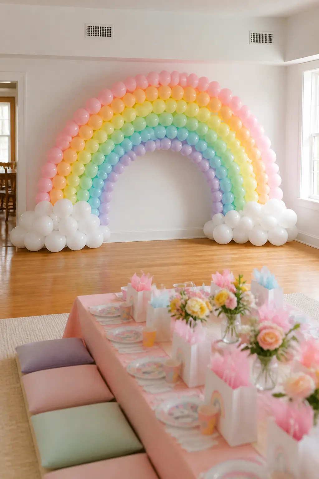 Pastel Rainbow Arch with Cloud Clusters at Each End for a Toddler's Party — The rainbow arch with cloud clusters is the most recognised toddler party