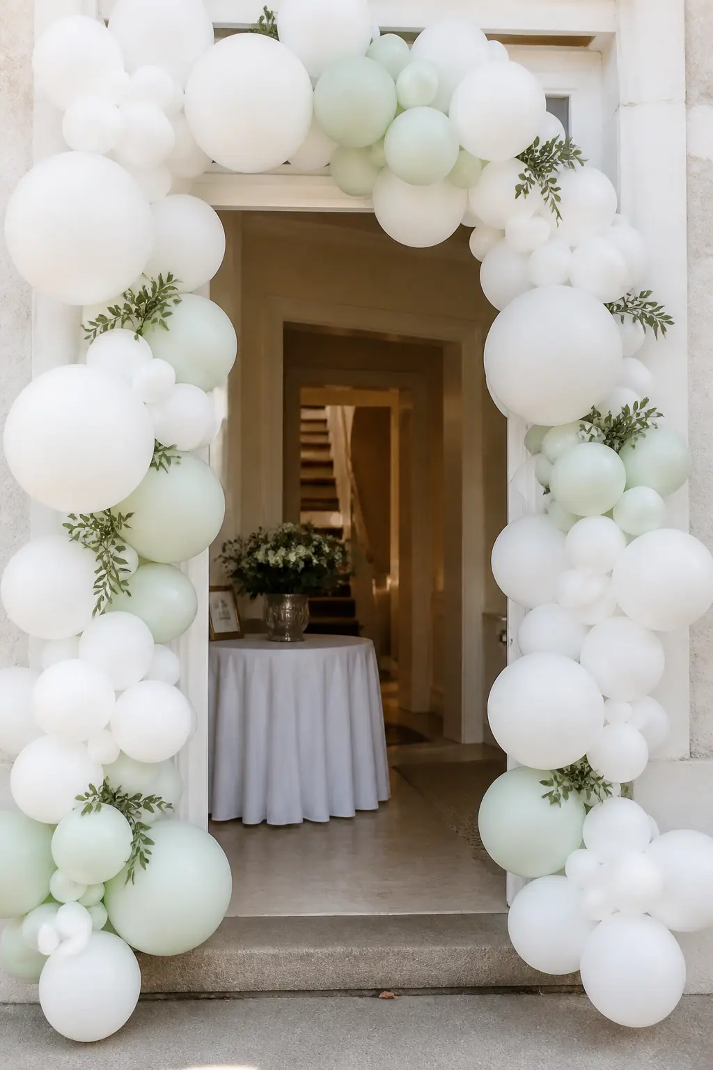 Pastels with White as the Majority at a Christening Entrance — White as the dominant colour with pastel accents reads formal and deliberate. Pastel balloon arch