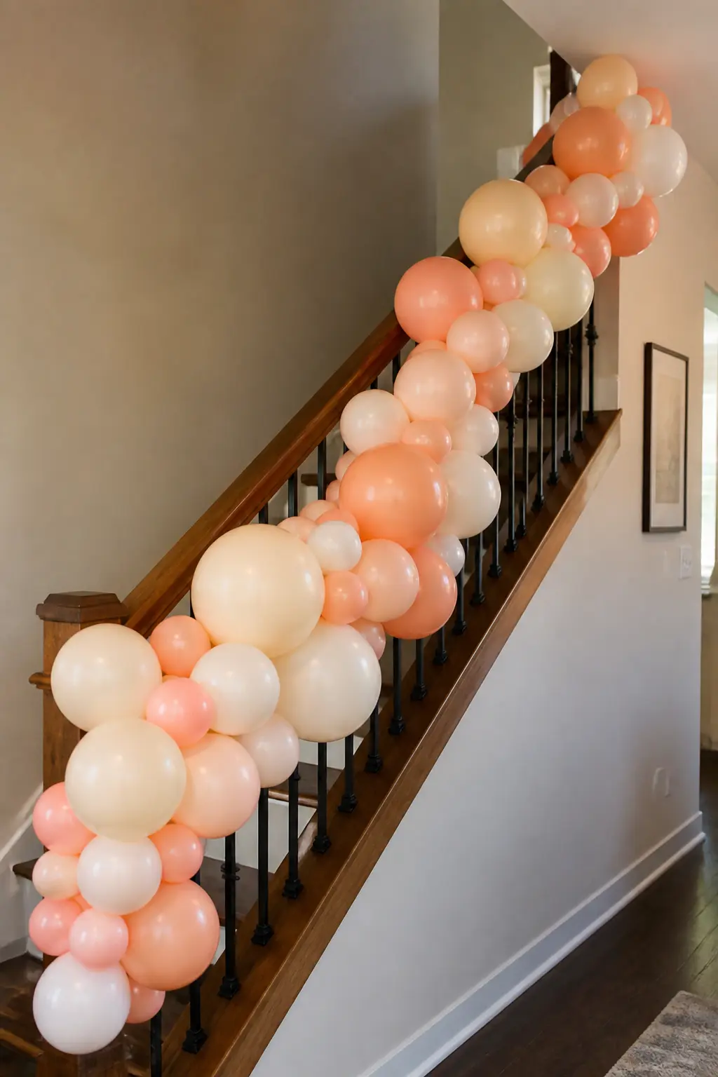 Peach and Cream Garland Along a Stair Banister for a House Party — A banister garland requires no hardware beyond zip ties or balloon tape fixed directly to