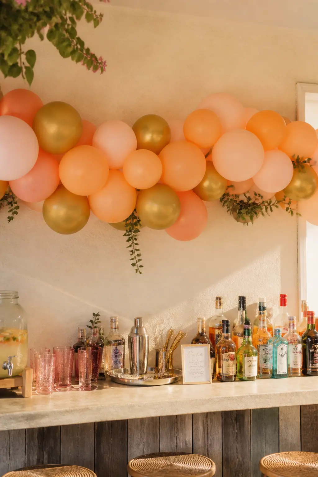 Peach and Gold Garland Behind a Bar for a Summer Party — A bar backdrop garland is underused and completely practical. Pastel balloon arch