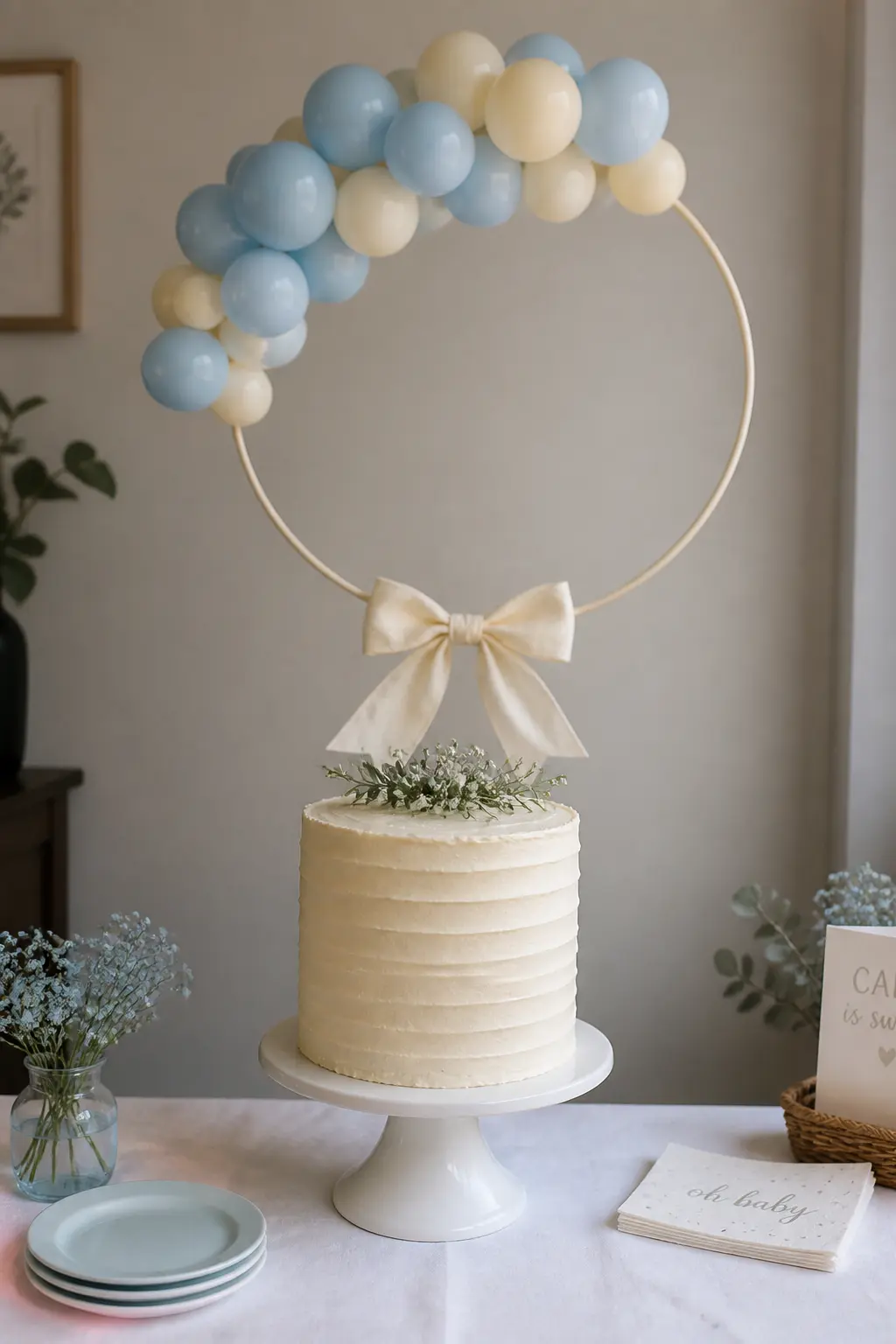Powder Blue and Cream Hoop Above a Baby Shower Cake — A small hoop, 40 cm diameter, hung directly above a single cake makes the cake the centre of everything