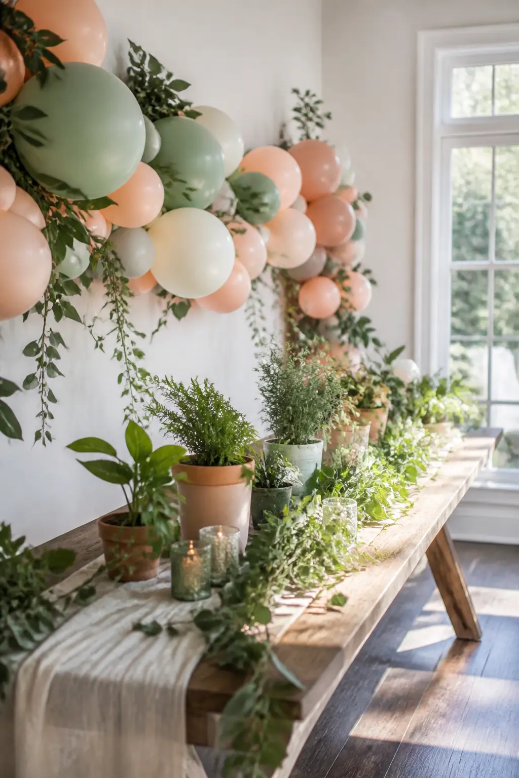 Sage and Blush Garland Behind a Plant-Themed Shower Table — Sage and blush is the combination that appears on every mood board for a reason: it is genuinely