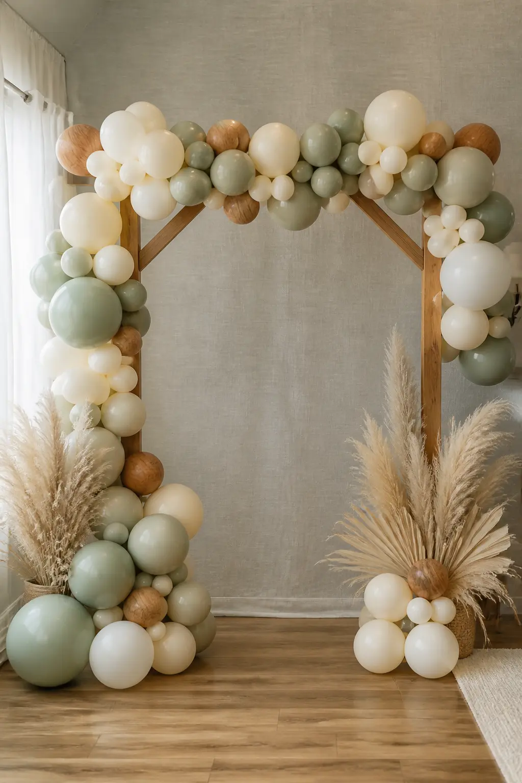 Sage, Cream and Wood-Tone Arch at a Boho Baby Shower — Sage is a grey-green, and it needs cream rather than white to stay warm. Pastel balloon arch