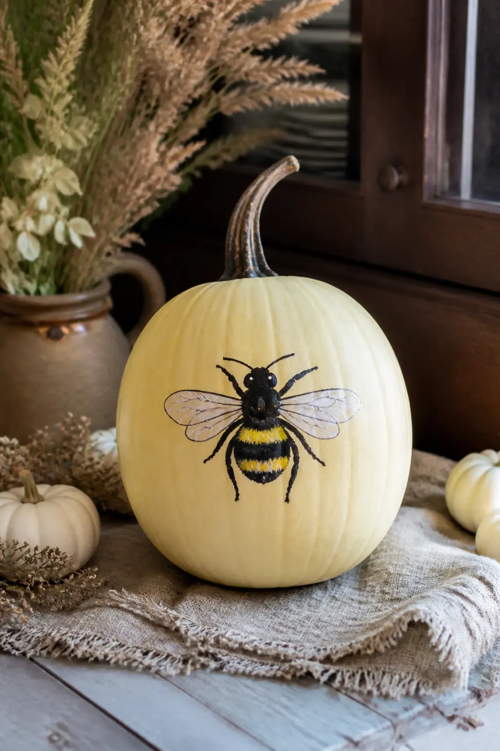 Butter Yellow Pumpkin With a Painted Bee — This entry is the painted version of the bee concept, no paper elements. Pastel painted pumpkin