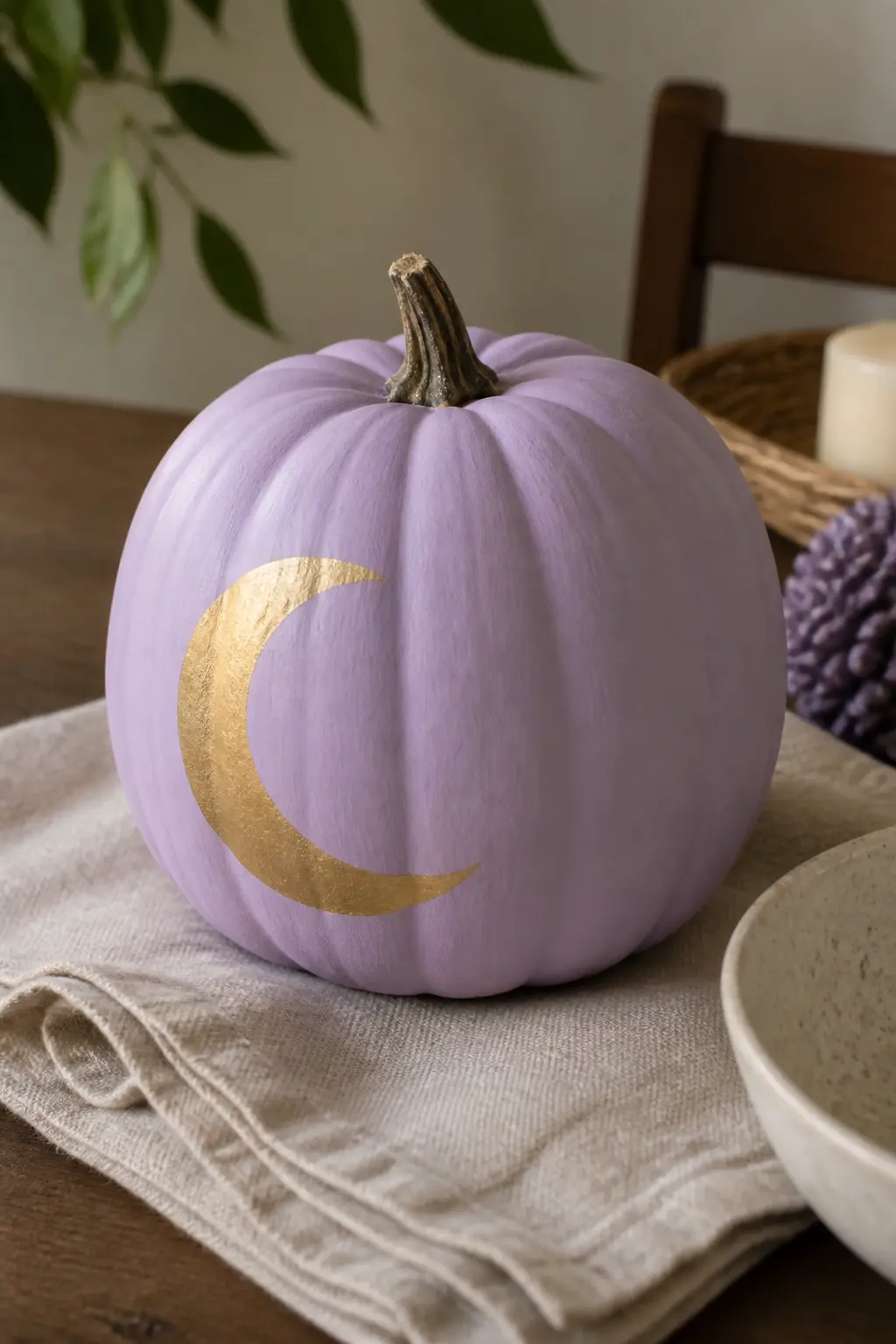Lilac Pumpkin With a Crescent Moon — Paint the pumpkin in flat matte lilac. Pastel painted pumpkin