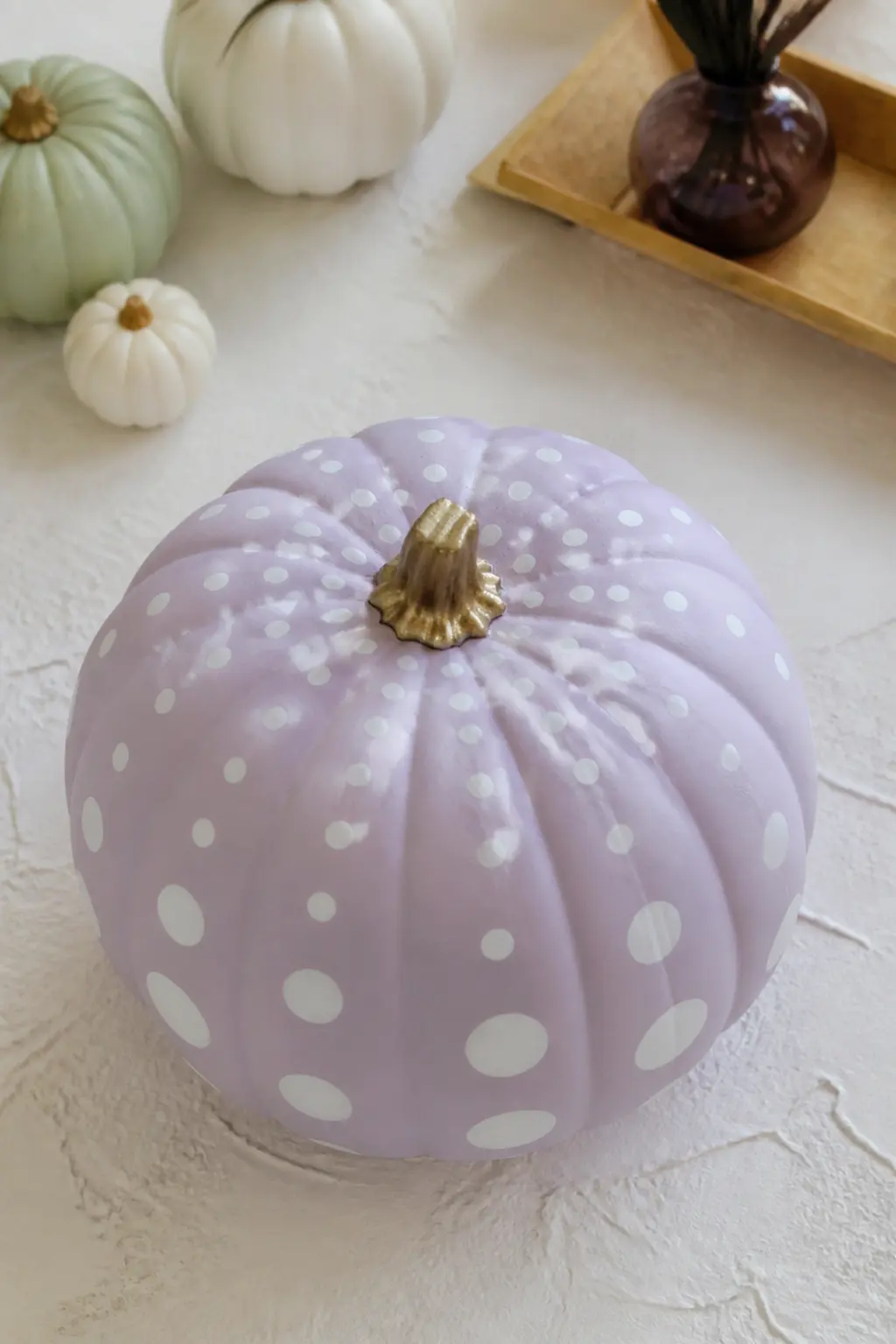 Lilac Pumpkin With White Dots in Graduated Sizes — The dots here are not random and not a uniform polka dot grid. Pastel painted pumpkin