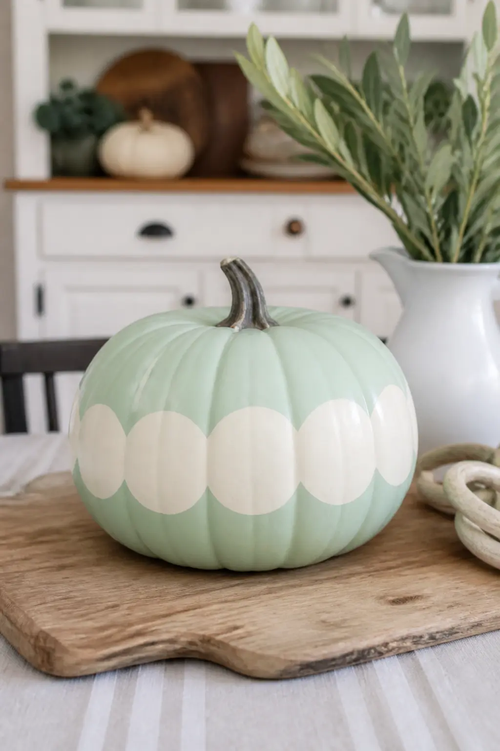 Mint Pumpkin With Cream Scalloped Band — A scalloped band painted around the widest part of the pumpkin takes one steady hand and about ten minutes. Pastel