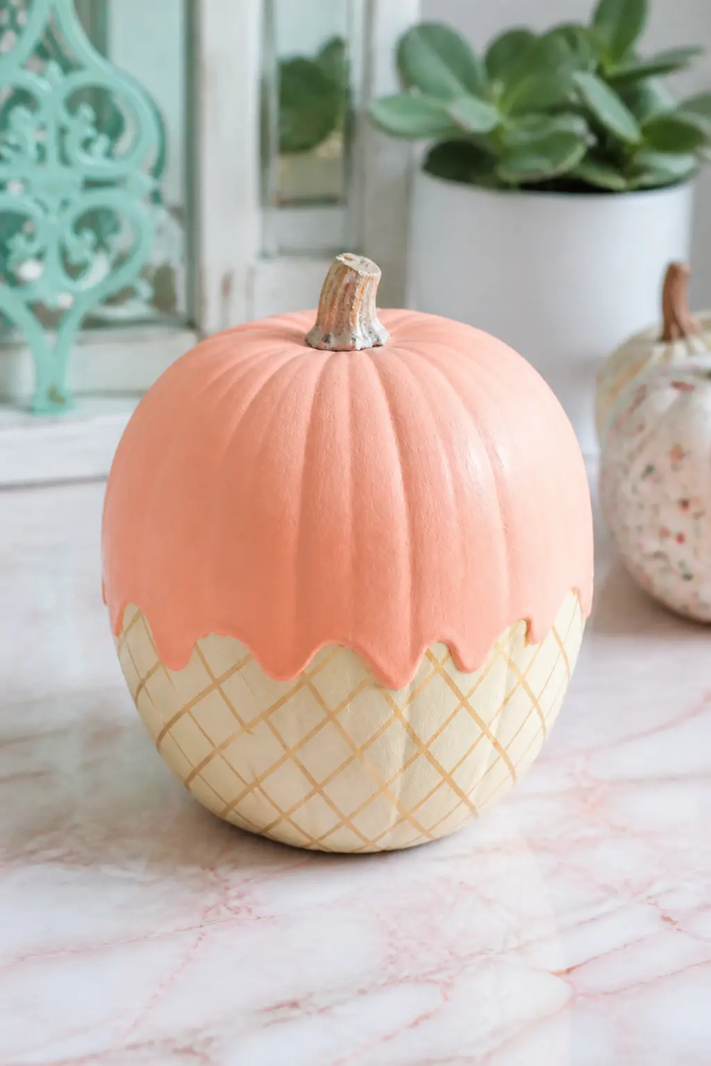 Peach Ice Cream Cone Pumpkin — Paint the upper two thirds of the pumpkin in matte peach. Pastel painted pumpkin