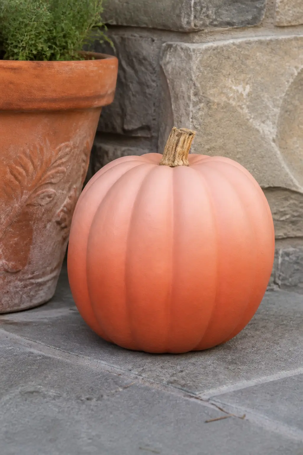Peach Pumpkin With Terracotta Fade — Paint the full pumpkin in matte peach. Pastel painted pumpkin
