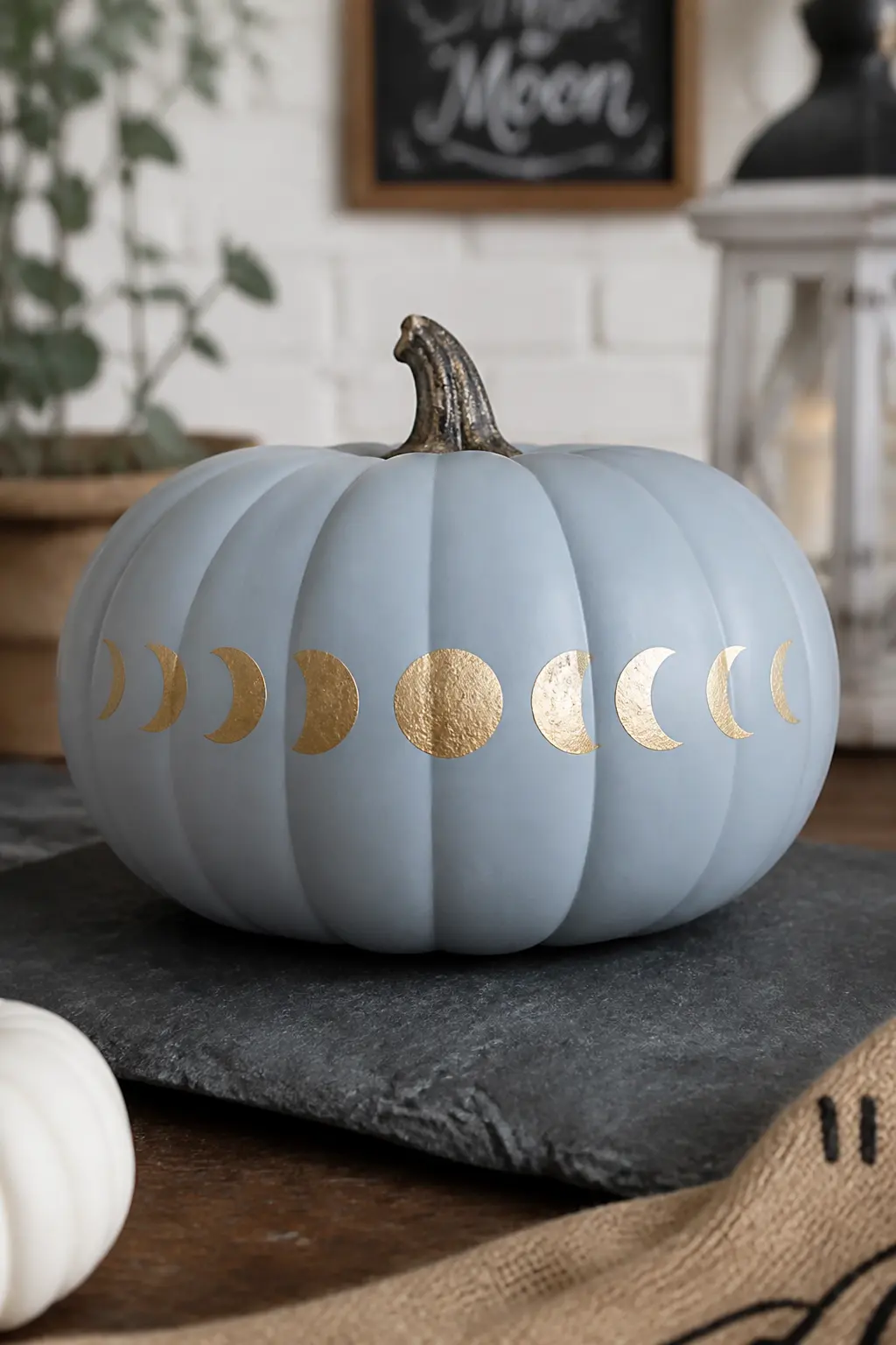 Powder Blue Pumpkin With Gold Moon Phase Sequence — Paint the pumpkin in flat matte powder blue. Pastel painted pumpkin