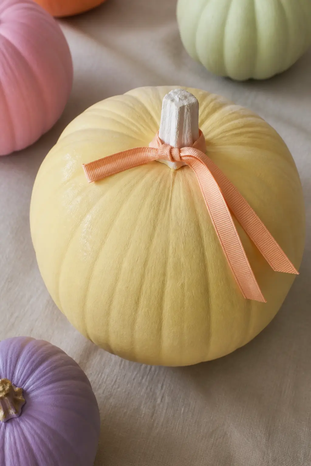 A Ribbon in the Next Pastel Along — Take any painted pumpkin and tie a ribbon in the adjacent pastel shade around the base of the stem. Pastel painted pumpkin