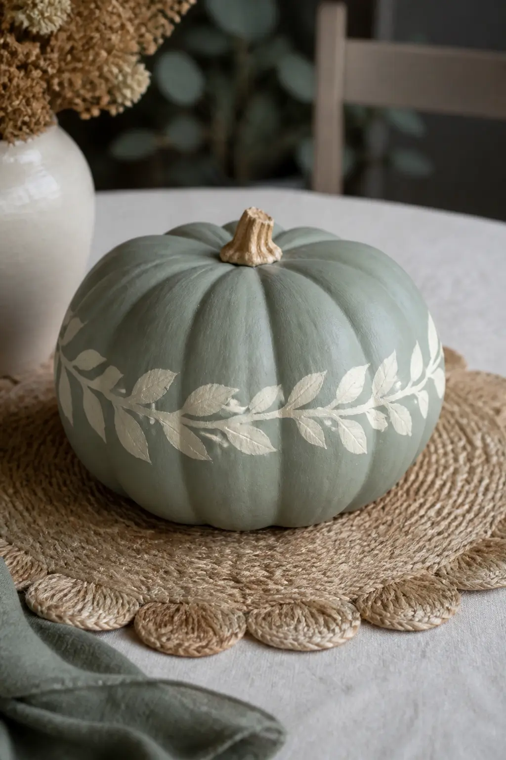Sage Pumpkin With Cream Leaves — Paint the pumpkin in flat matte sage. Pastel painted pumpkin
