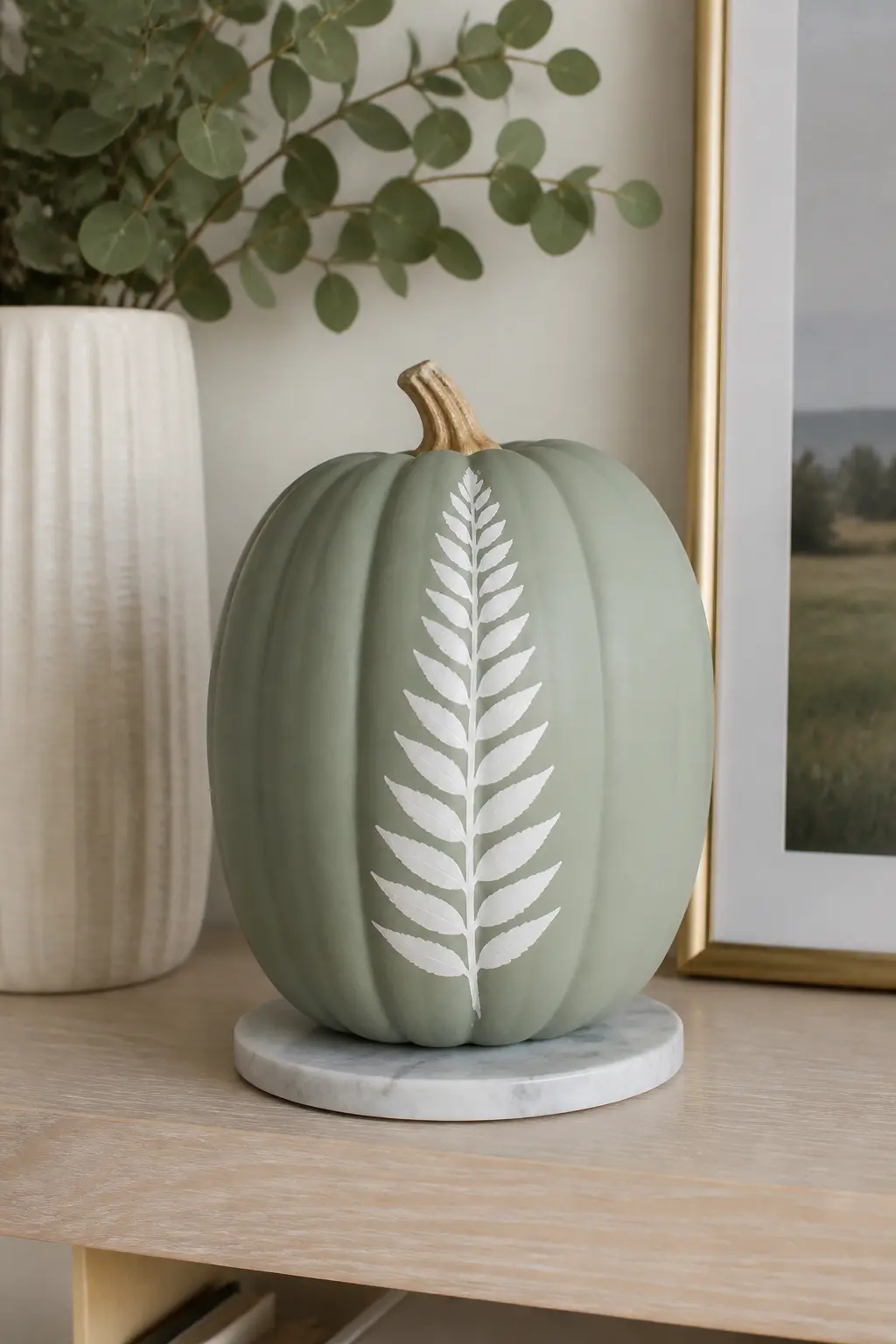 Sage Pumpkin With a White Fern Frond — Paint the base in matte sage and allow it to dry. Pastel painted pumpkin