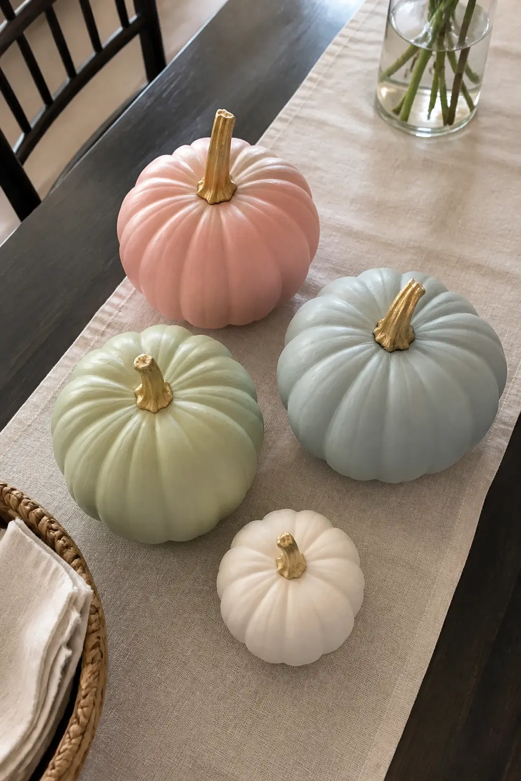Set With All Stems Gilded to Match — Take any group of pastel pumpkins and paint every stem in the same gold. Pastel painted pumpkin