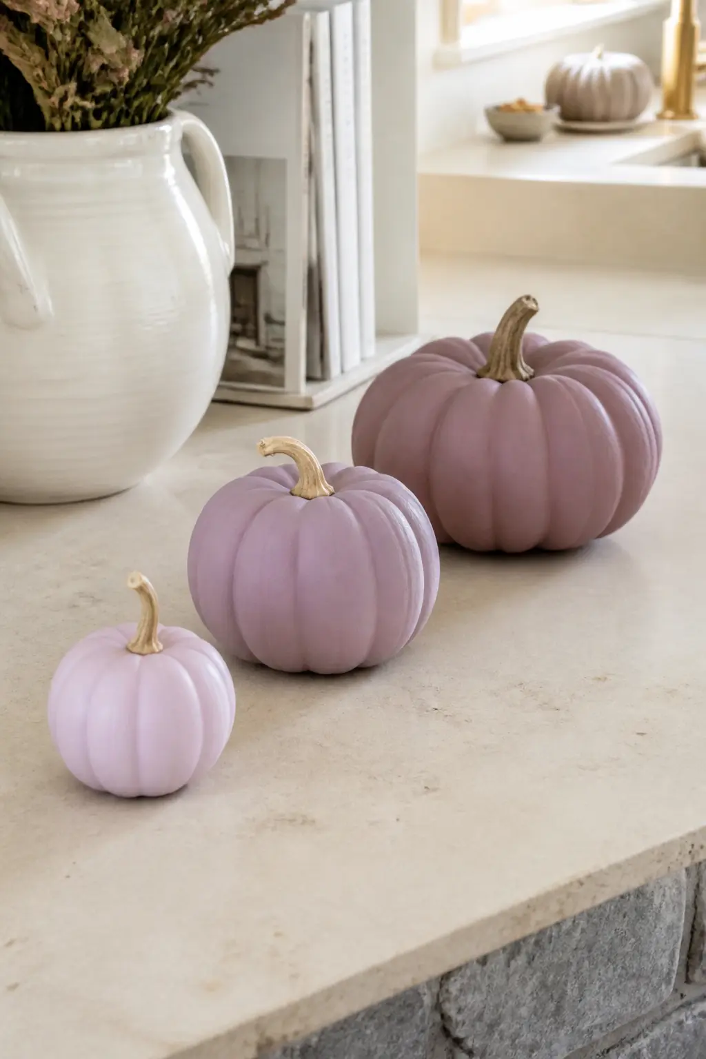 Three-Size Set: One Colour, Graduated Depth — Three pumpkins, all in the same colour family, but the shade deepens with the size. Pastel painted pumpkin