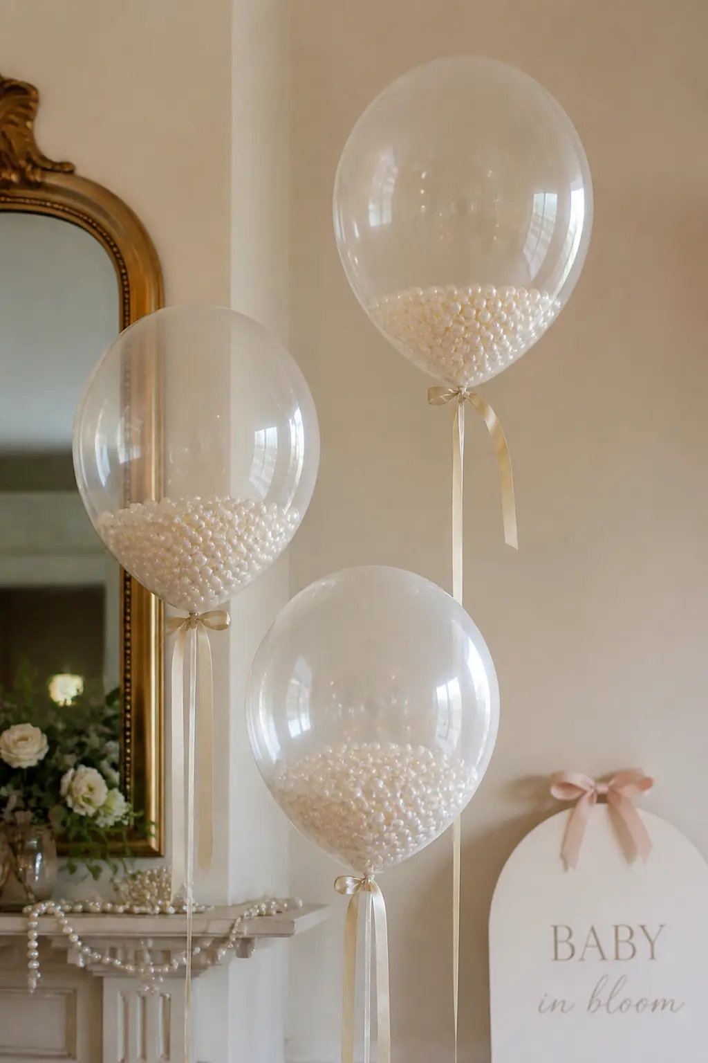 Clear Balloons Filled With Loose Pearls — Drop a small handful of loose faux pearl beads into a clear latex balloon before inflating it. Pearl baby shower ideas