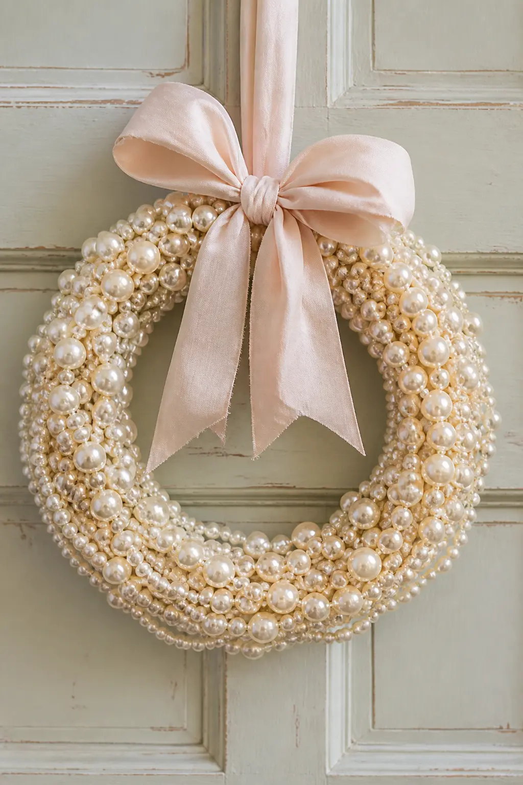 Pearl Strand Door Wreath — Wrap a plain grapevine or wire wreath form entirely in faux pearl strands, starting at the inner edge and working outward in