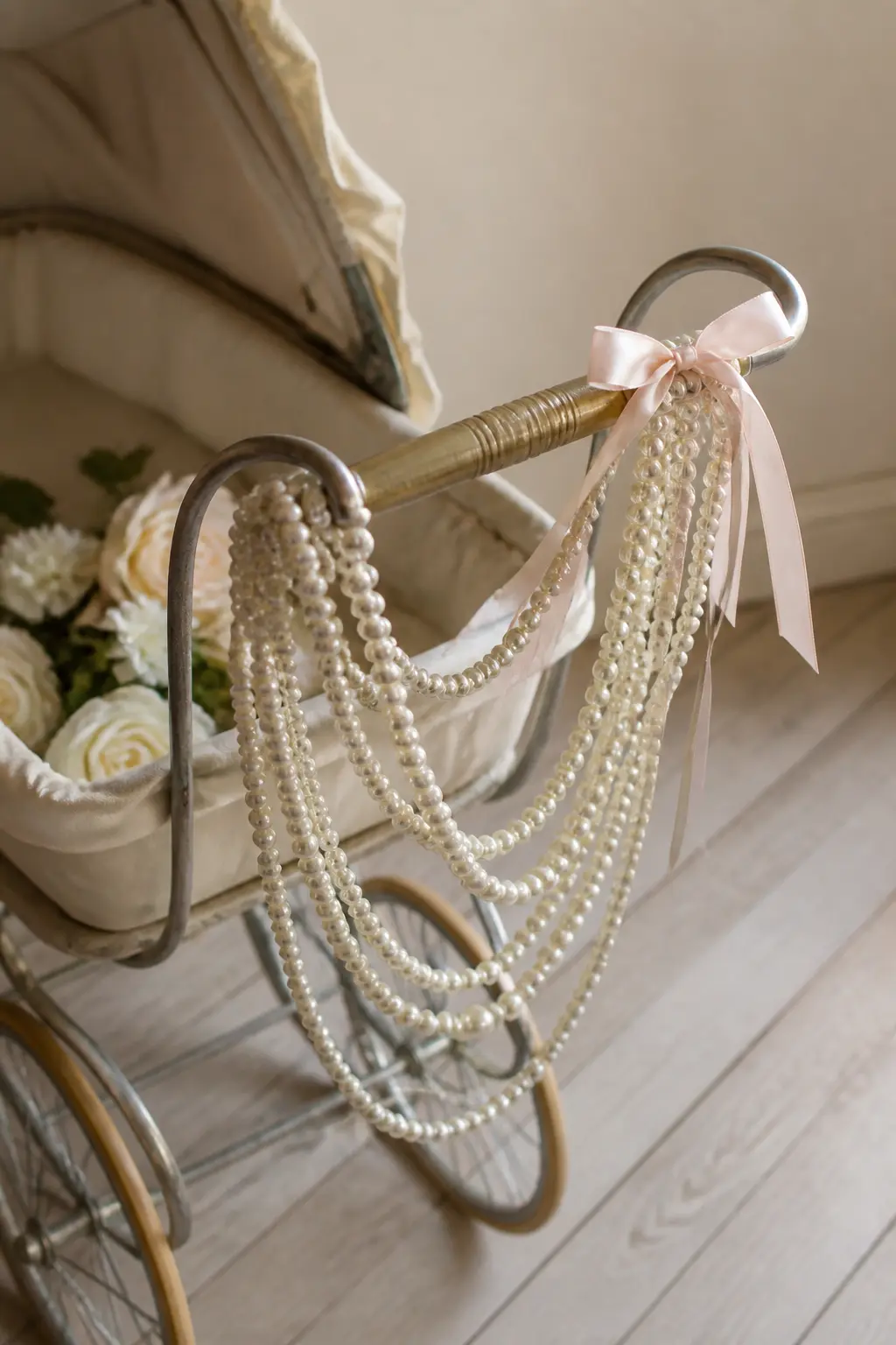 Pearl Strands Wound Around a Vintage Pram Handle — A vintage pram or a modern pram with classic proportions placed just inside the front door becomes the
