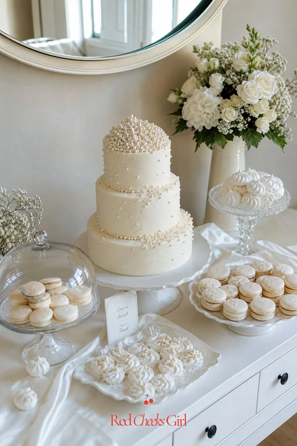 Ivory Dessert Table with Pearl-Topped Cake — Set a plain white three-tier cake on a pedestal stand, then add clusters of edible pearls at the base of each tier