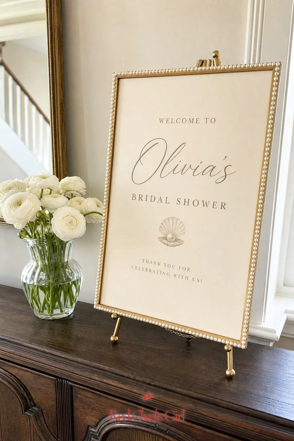 Ivory Welcome Sign with Pearl Trim — A sign on an easel does the job of a dozen small decorations, because it tells guests exactly where they are and what to