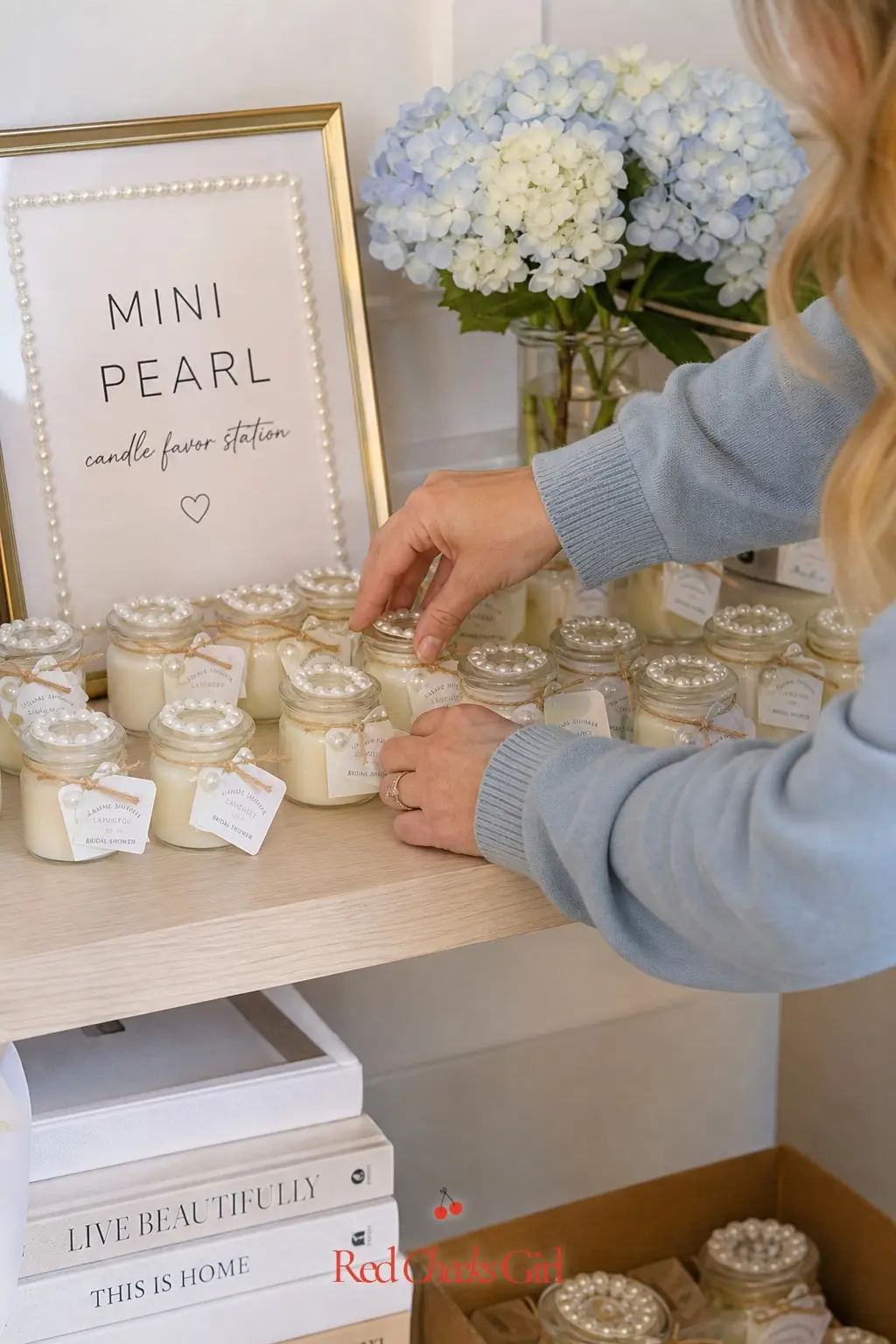 Mini Pearl Candle Favor Station — Line up mini glass jar candles finished with a small pearl sticker on the lid, each with a printed tag naming the scent.