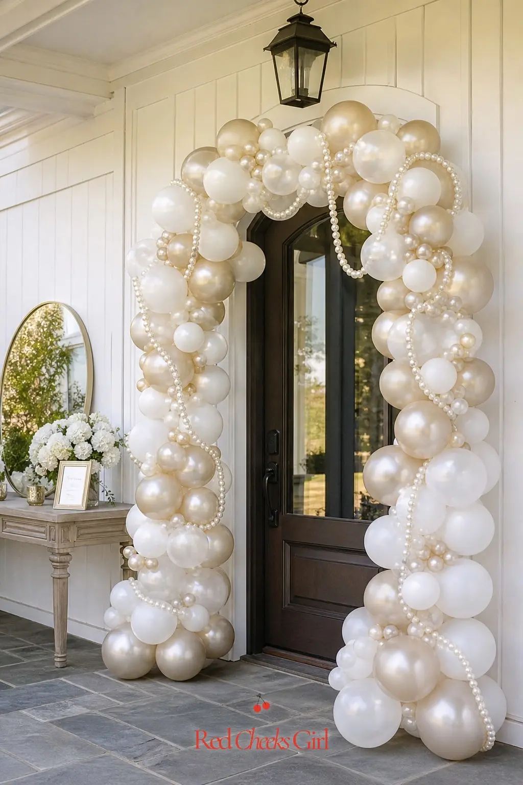 Pearl Balloon Arch Entrance — An arch at the front door does more for the mood than anything on the table, because it is the first thing every guest