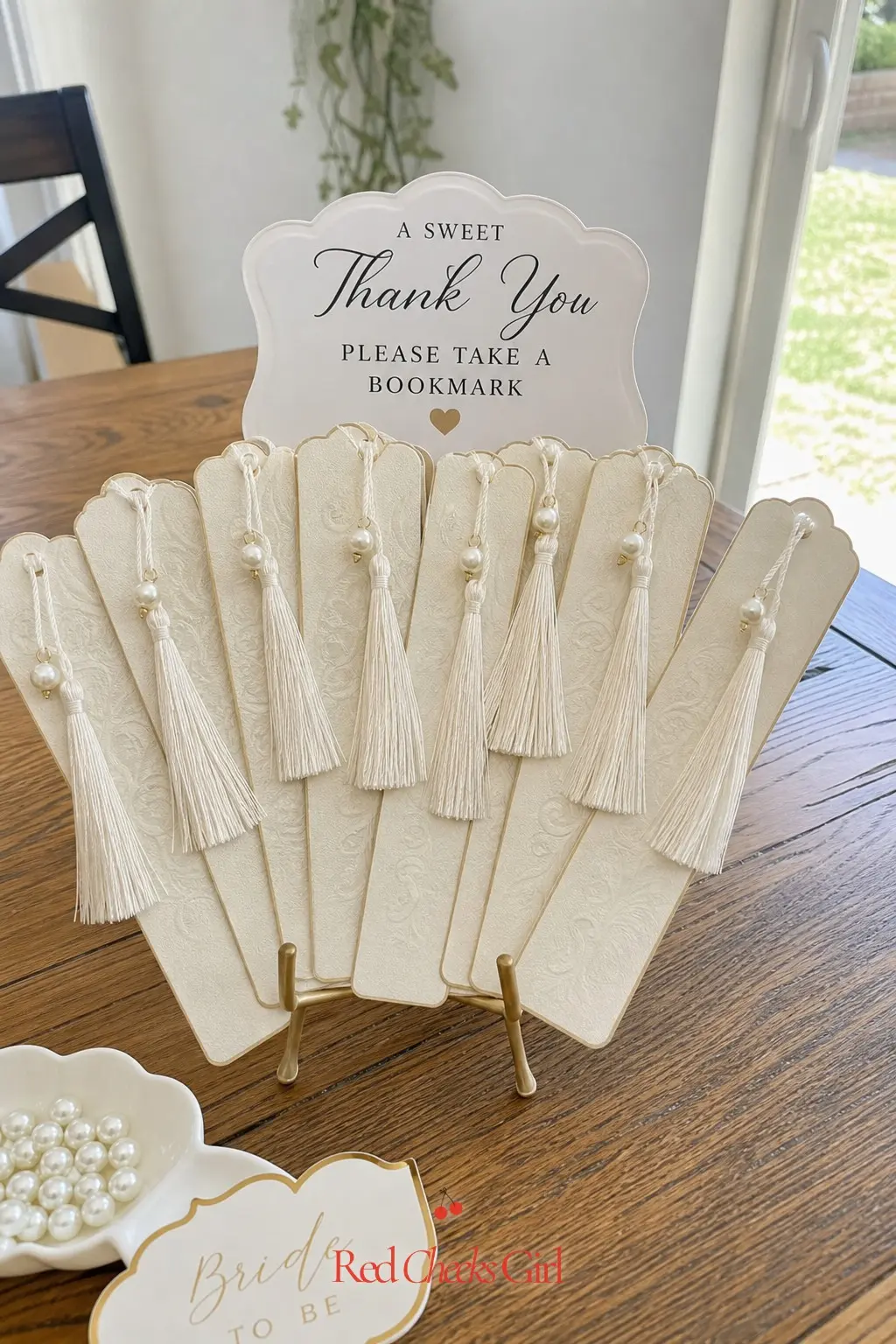 Pearl Bookmark Favor Display — Tassel bookmarks finished with a single pearl charm make a quiet, useful favor for a bride who reads. Pearl theme bridal shower