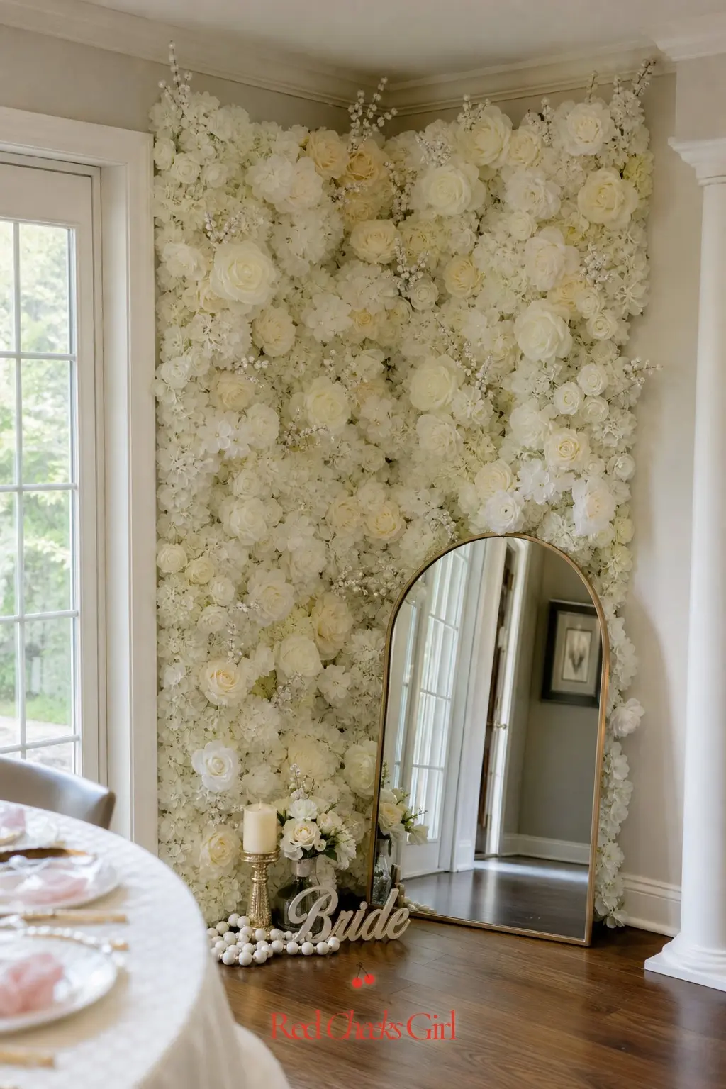 Pearl Flower Wall Corner — A faux flower wall panel with a few pearl floral picks tucked in among the blooms turns any bare corner into a second photo spot.