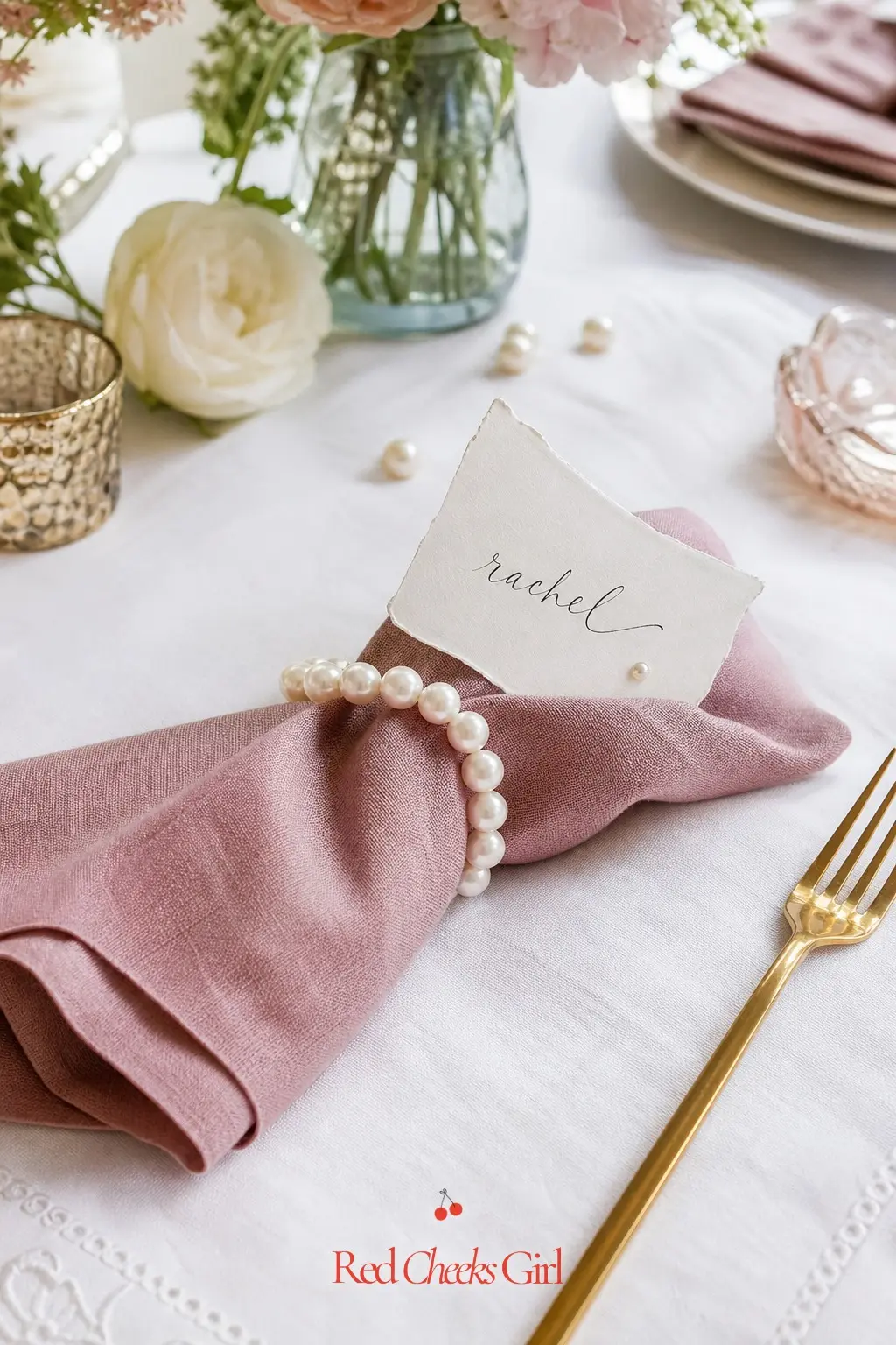 Pearl Napkin Ring Place Cards — Slide a beaded pearl napkin ring over a folded dusty rose napkin, then tuck a small handwritten place card into the ring itself