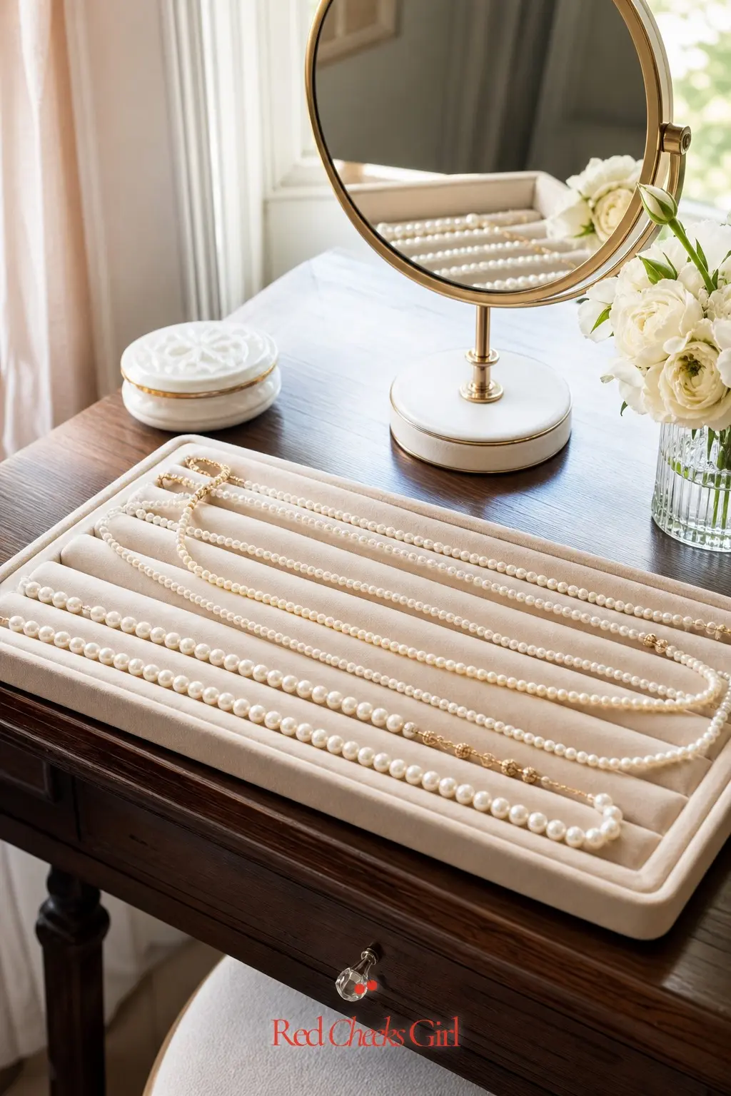 Pearl Necklace Layering Tray — Set out a velvet tray of inexpensive faux pearl necklaces beside a small mirror, so guests can layer a few strands over their