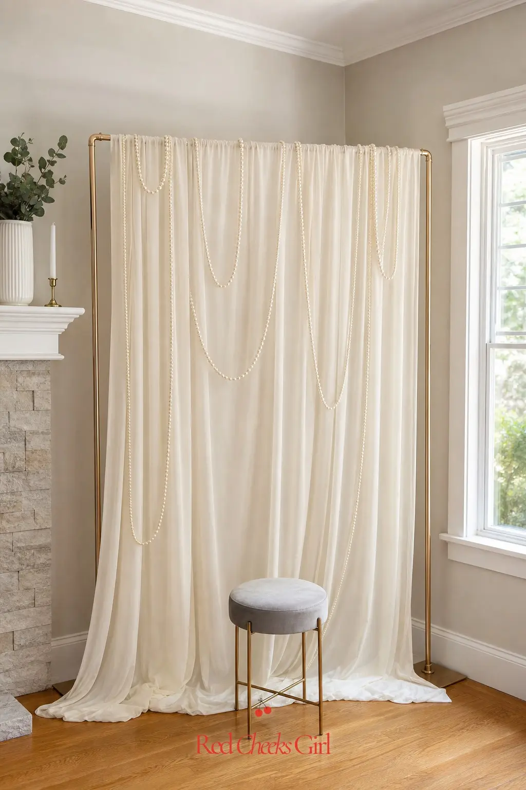 Pearl Photo Backdrop Wall — Hang a length of ivory fabric from a simple stand, then drape three or four pearl garlands down it at uneven lengths. Pearl theme
