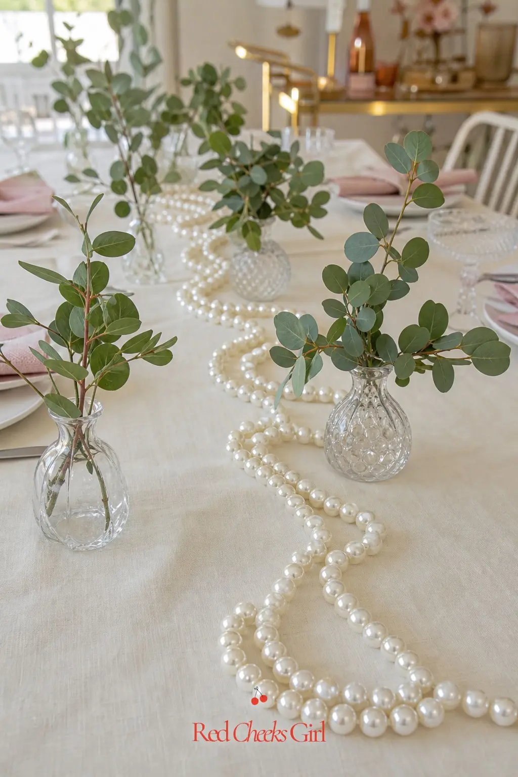Pearl Strand Table Runner — Instead of flowers down the center of the table, run a long strand of faux pearls the full length of the ivory linen. Pearl theme