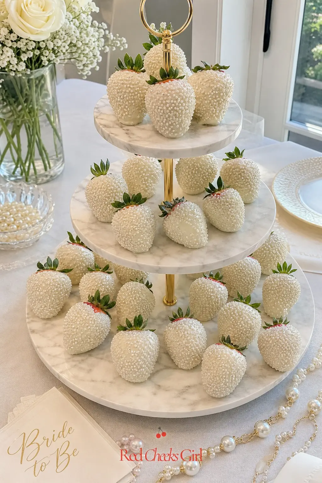 Pearl-Dipped Strawberry Tower — White chocolate covered strawberries rolled in edible sugar pearls look far more expensive than they are to make. Pearl theme
