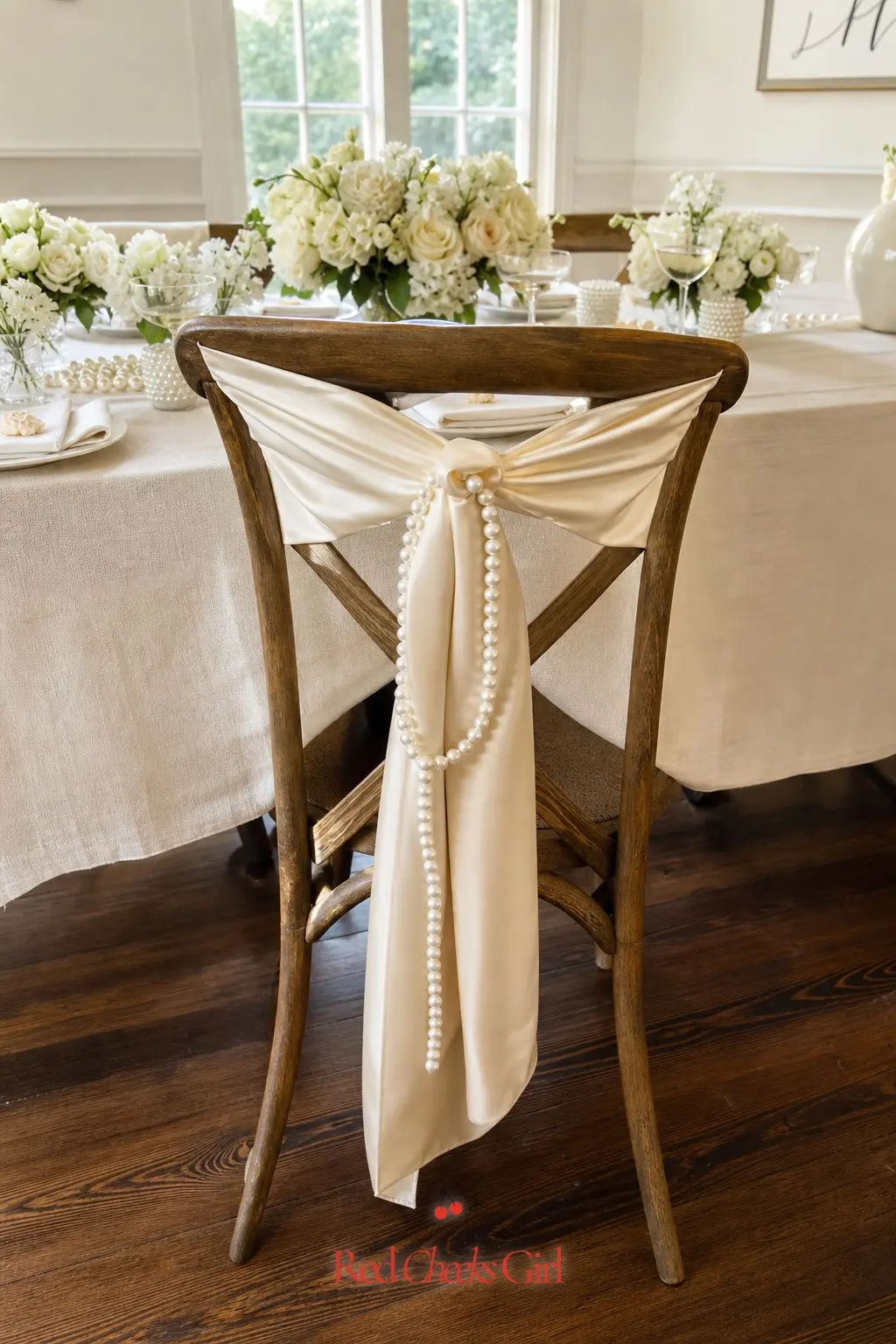 Pearl-Draped Bride's Chair — Give the bride's chair its own small moment. Pearl theme bridal shower ideas