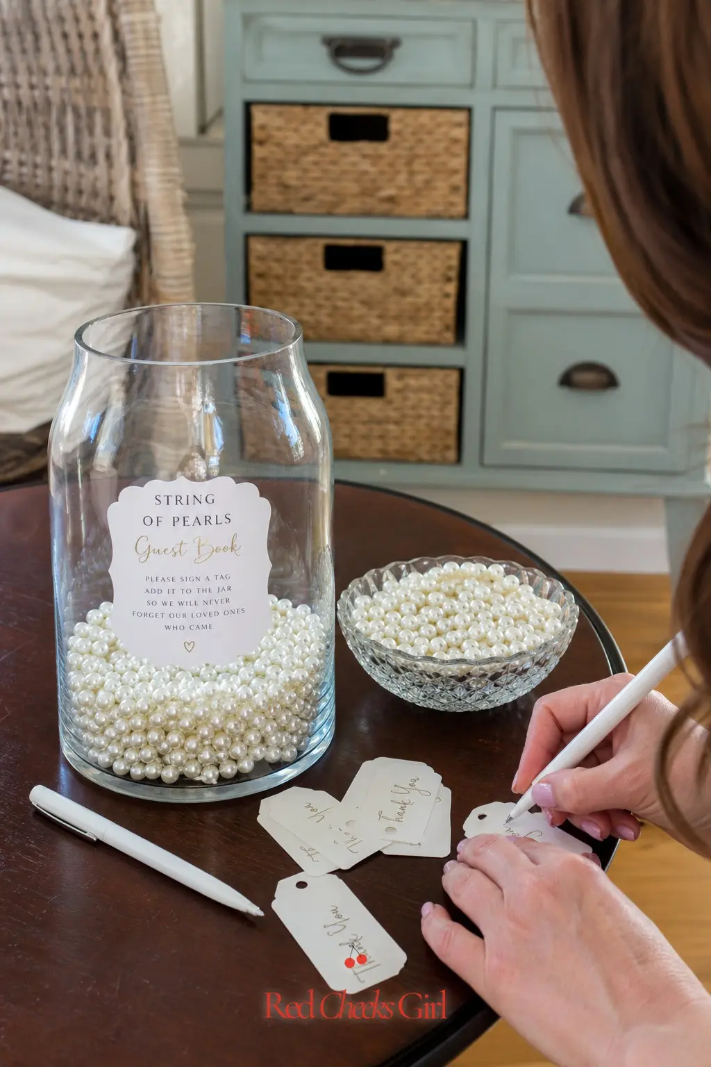 String of Pearls Guest Book Alternative — Skip the traditional guest book. Pearl theme bridal shower ideas