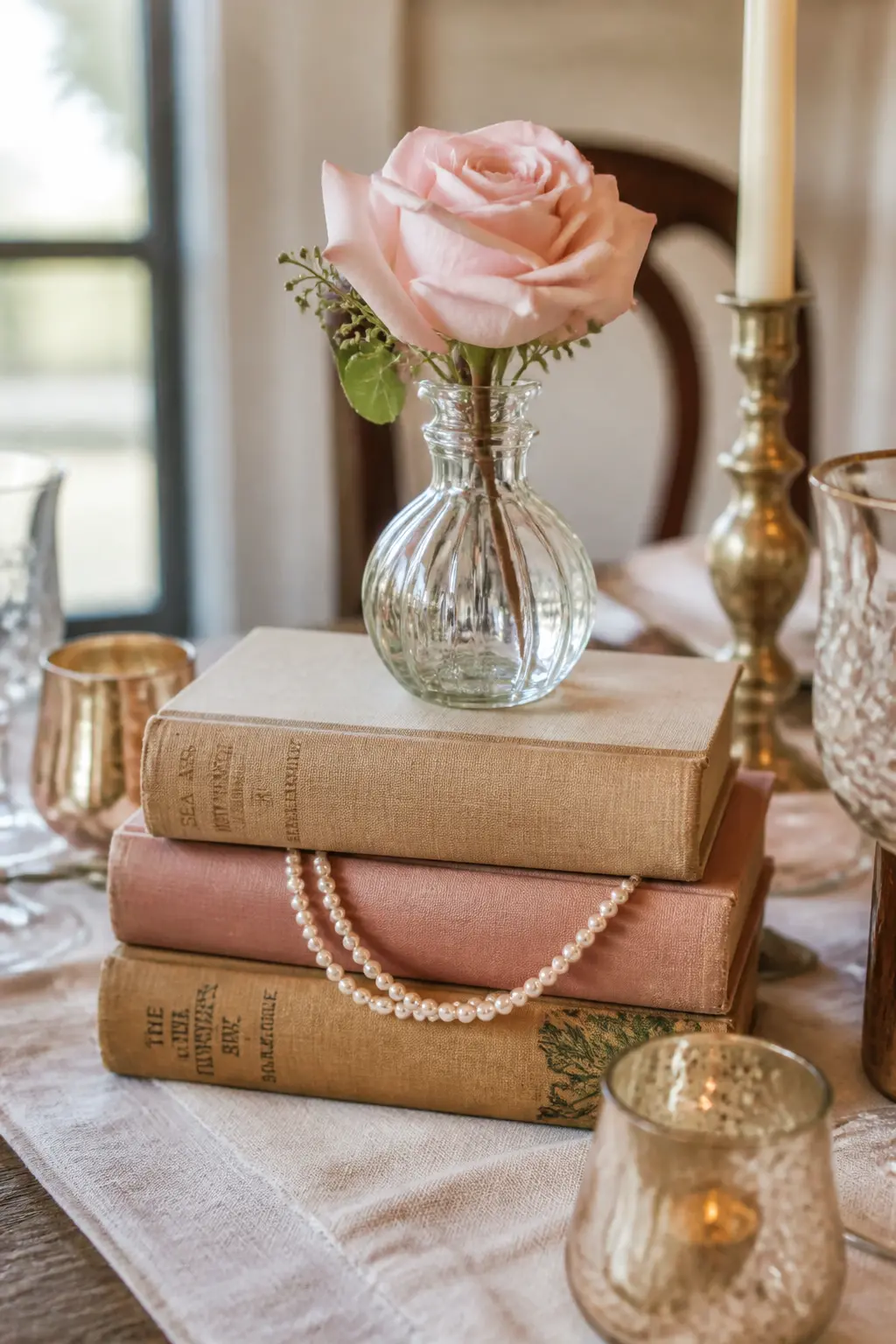 Antique Book Stack Centrepiece — Three hardcover books in dusty rose, sage and cream stacked at one end of a table runner, with a pearl strand looped loosely