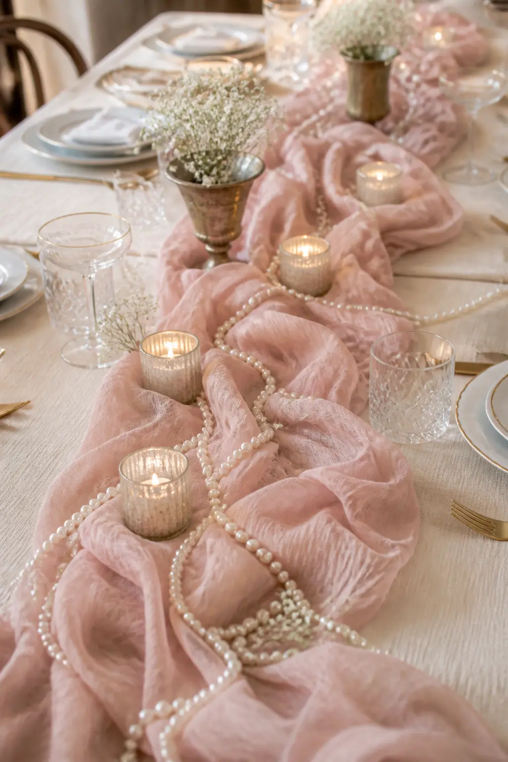 Blush Cheesecloth Runner with Pearl Scatter — A length of loosely gathered blush cheesecloth laid down the centre of a long table, with pearl strands placed on