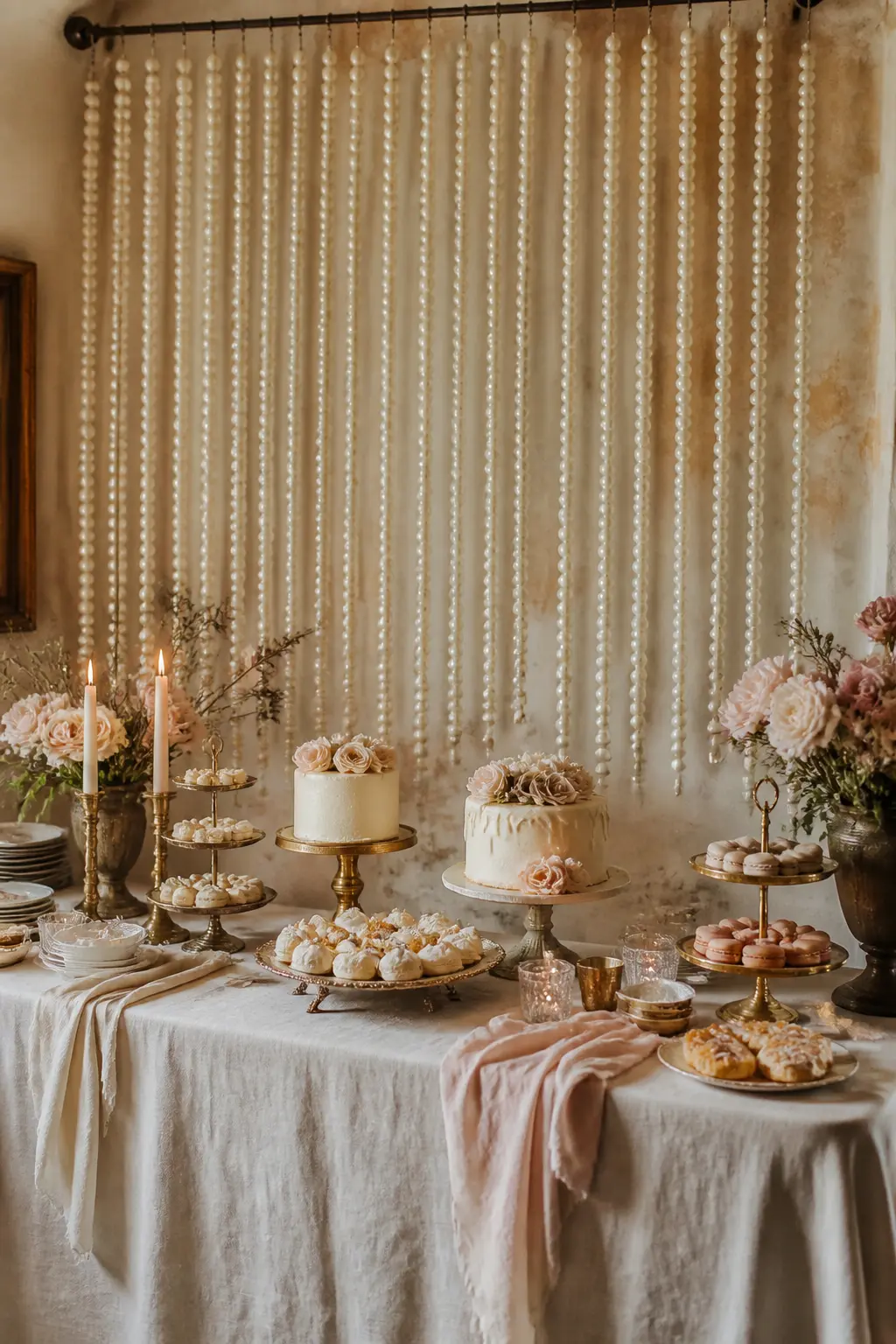 Dessert Table Pearl Garland Backdrop — A dessert table backed by three or four vertical drops of pearl garland hanging from a curtain rod or tension wire at