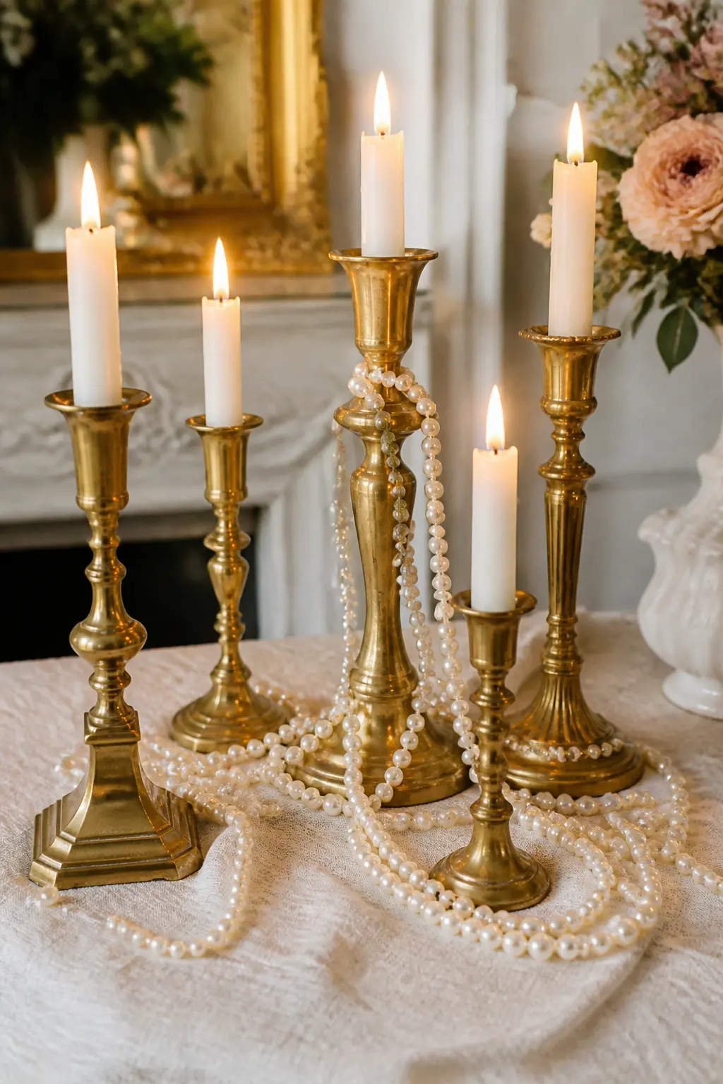 Gold Candlestick Cluster with Draping Pearls — Three to five mismatched gold candlesticks grouped at slightly different heights, each one dressed with one or