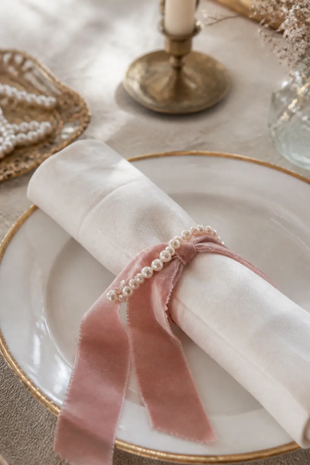 Knotted Ribbon and Pearl Napkin Tie — A blush velvet ribbon tied around a rolled napkin with one loose knot, and a short pearl strand threaded under the ribbon