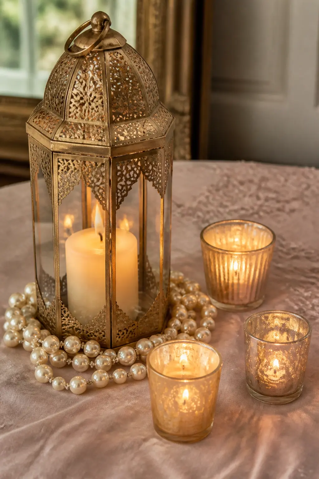Lantern and Pearl Vignette — A single antique-brass or gold lantern with a pillar candle inside, surrounded by a loose wreath of pearl garland at its base and