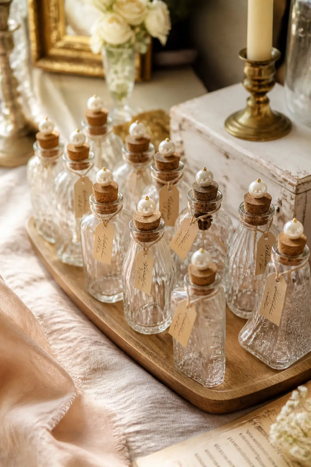 Mini Glass Bottle with Pearl Stopper — A small glass bottle, the kind with a cork stopper, filled with local honey, wildflower seeds or bath salts, with a