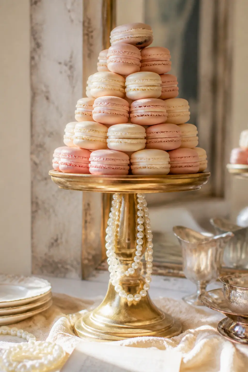 Mini Macaron Tower with Pearl Base — A stacked macaron tower on a tall gold pedestal, with a ring of pearl garland wrapped twice around the pedestal's stem and