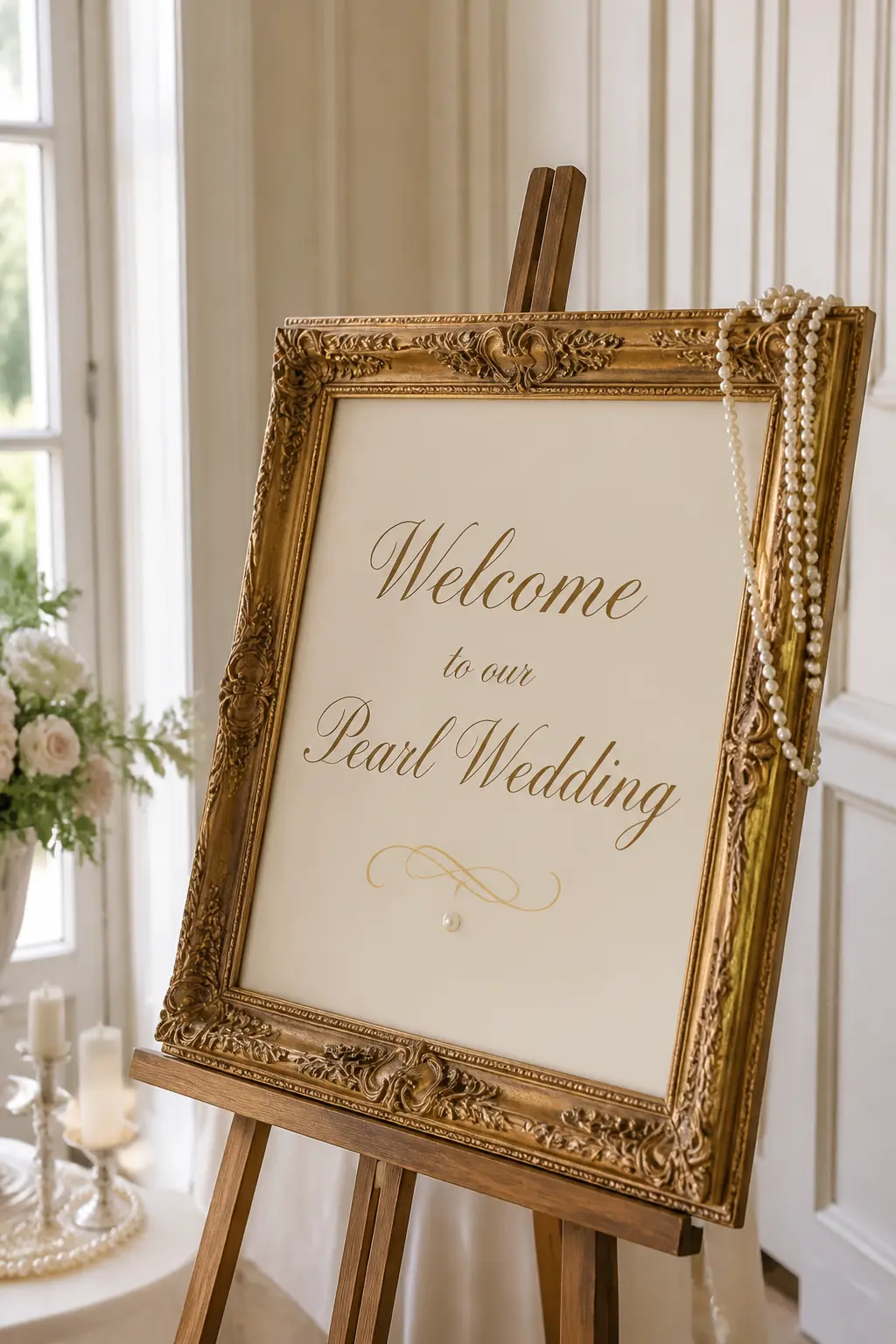 Ornate Frame Welcome Sign — A large ornate gold frame holding a cream card or printed foam board with the welcome message in an italic serif font, placed on an