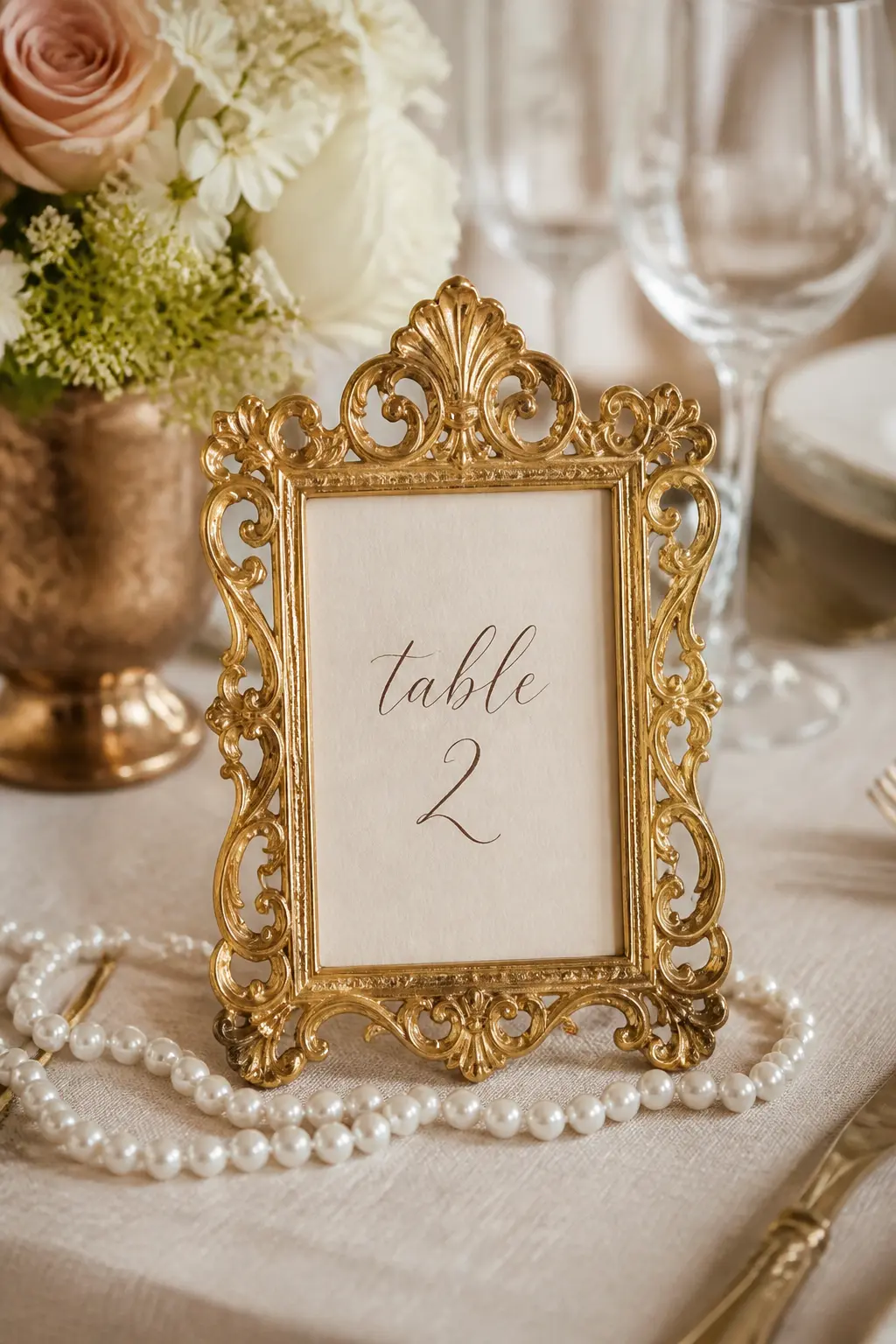 Ornate Gold Frame Table Number — A small ornate gold frame, the kind with rococo scrollwork around the edges, holding a card with the table number printed in a