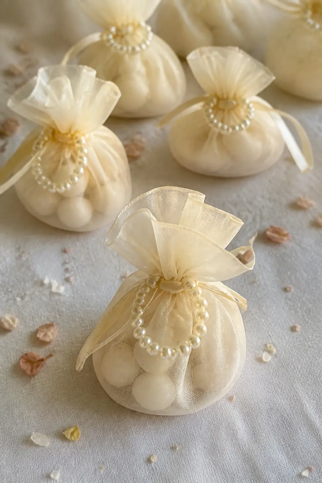 Pearl and Organza Favour Bag — A small ivory or blush organza drawstring bag holding a few sugared almonds or a small candle, tied at the top with a length of