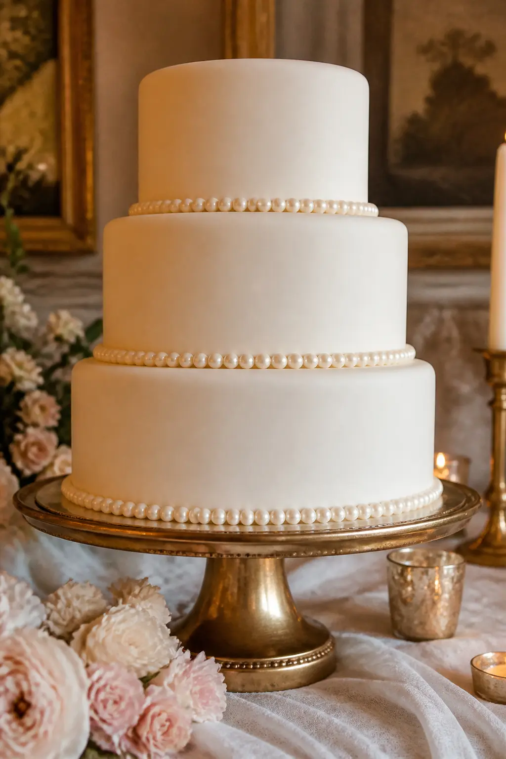 Pearl-Adorned Cake Tiers — A three-tier cake in ivory fondant with rows of sugar pearl beads piped or placed along each tier's base, creating a rope-like